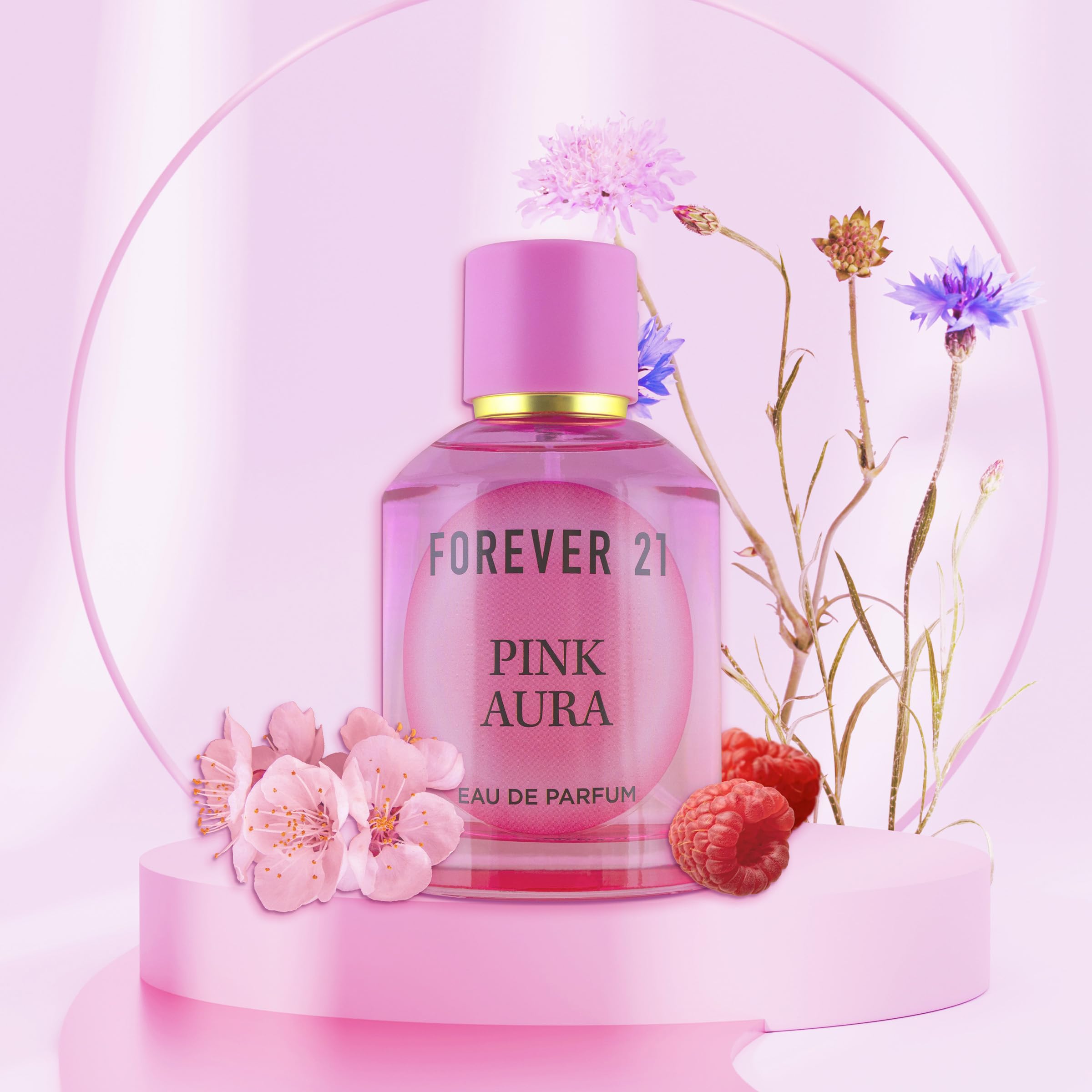 Forever 21 Pink Aura angled bottle emphasizes sleek design.