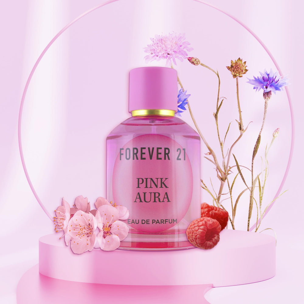Forever 21 Pink Aura angled bottle emphasizes sleek design.