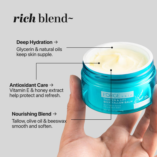 Forge Skin Beef Tallow Face Cream close-up highlights creamy texture and hydration.