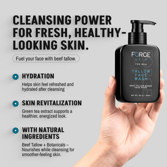 Forge Skin beef tallow face wash bottle showing creamy lather for daily skin renewal