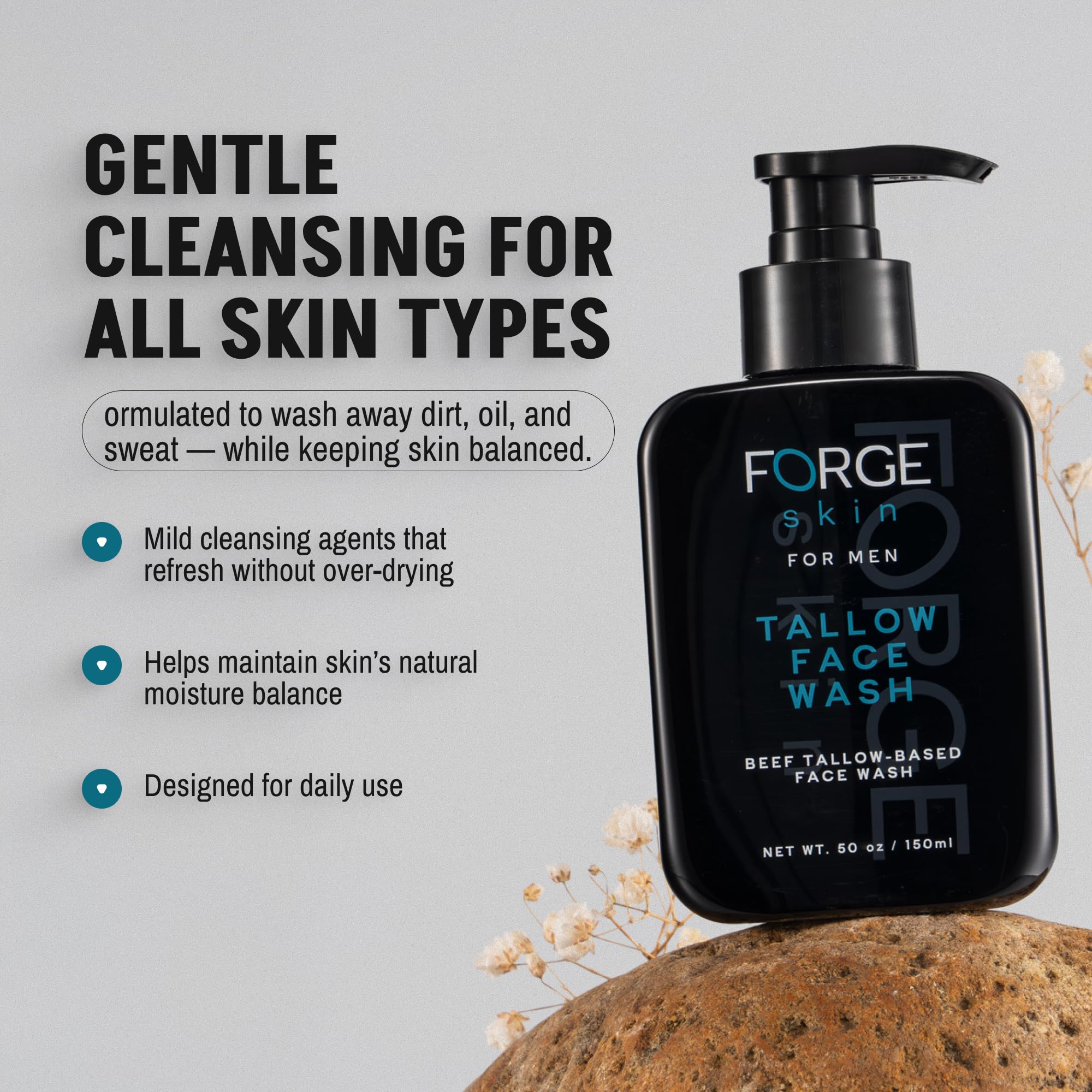 Forge Skin beef tallow face wash close-up showing creamy texture and gentle exfoliation for smoother skin