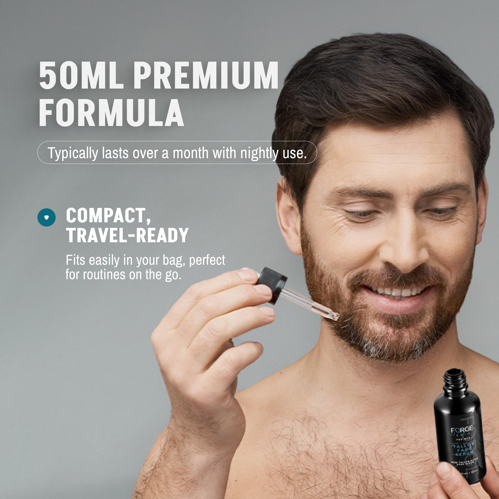 A nighttime routine image featuring Forge Skin Night Beef Tallow Serum for smoother mornings.