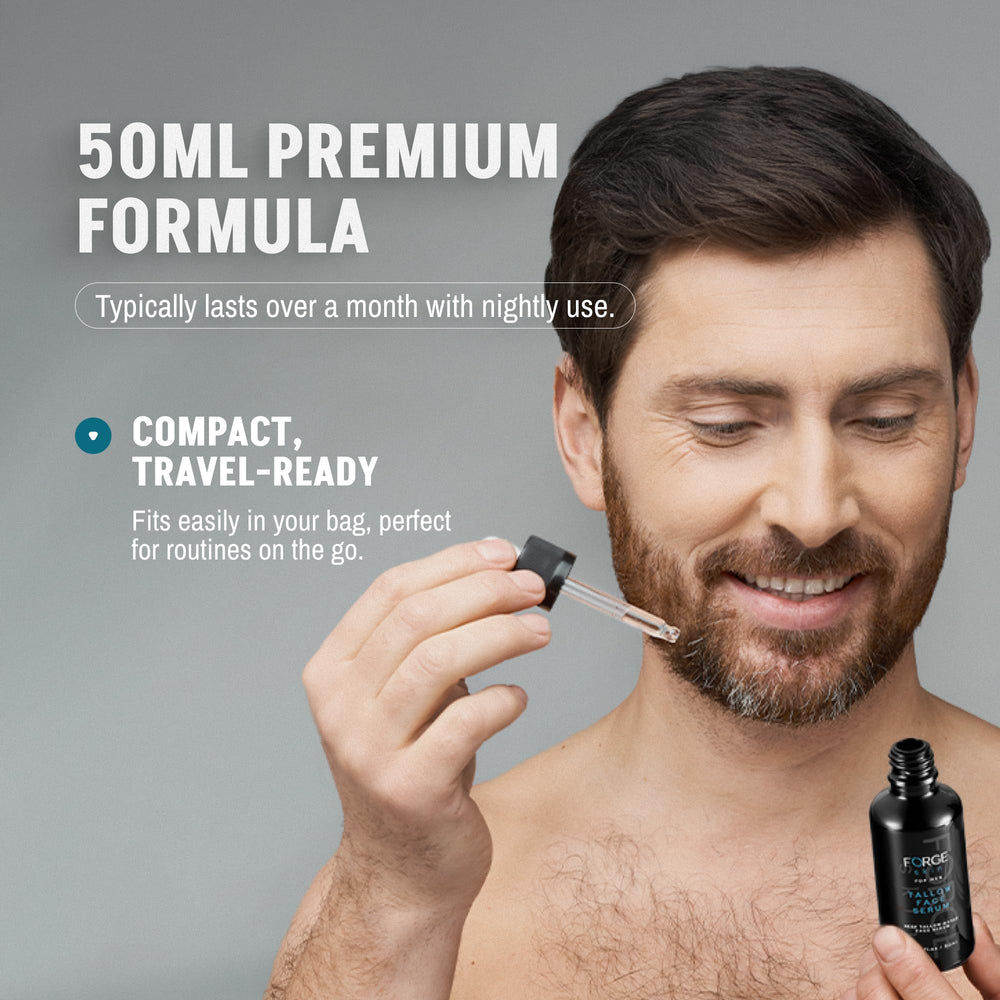A nighttime routine image featuring Forge Skin Night Beef Tallow Serum for smoother mornings.