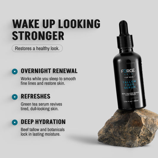 Closeup of Forge Skin packaging highlighting premium ingredients and a calm nighttime ritual.