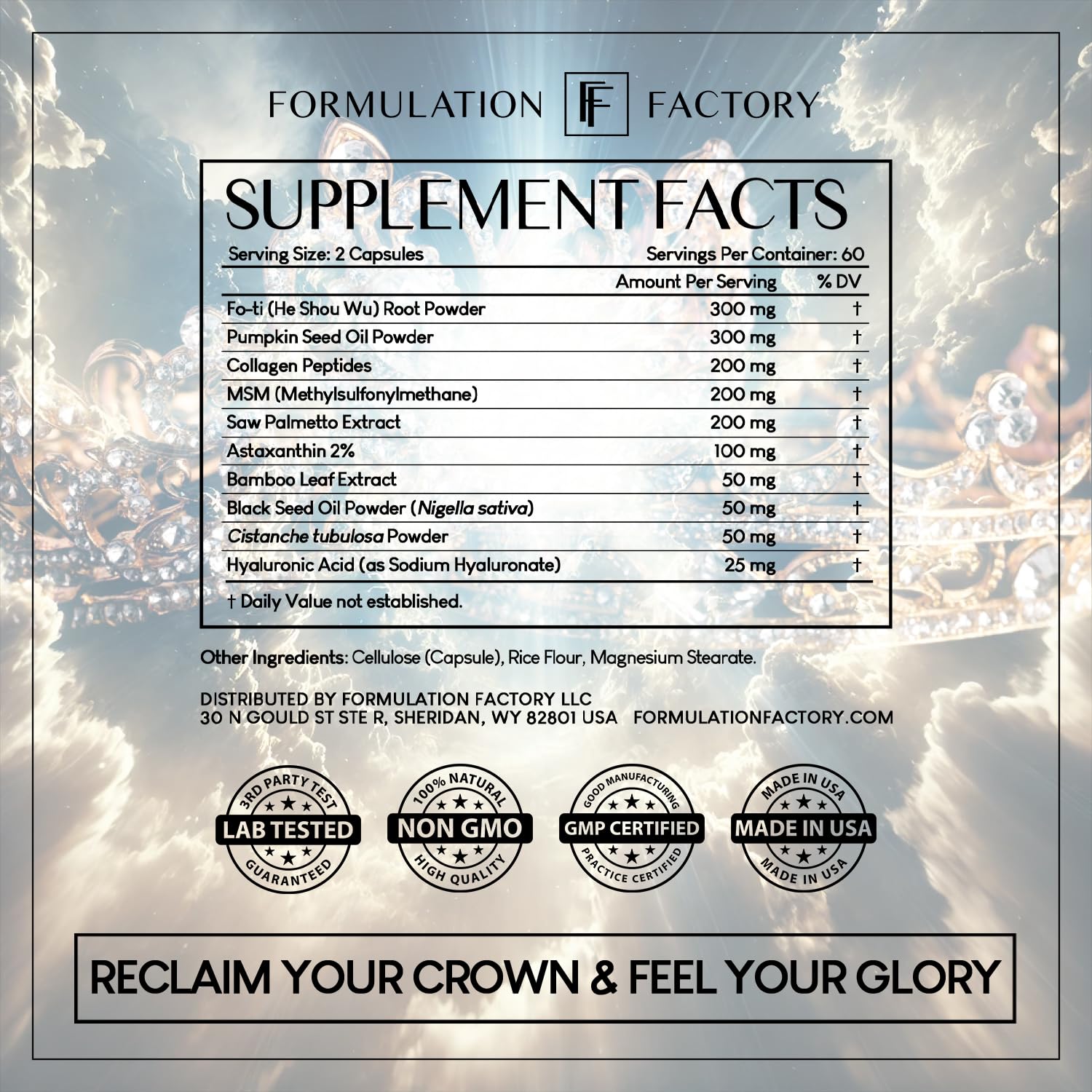 Formulation Factory Crown of Glory ingredients chart hints at 10-in-1 blend.