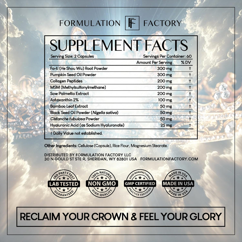 Formulation Factory Crown of Glory ingredients chart hints at 10-in-1 blend.