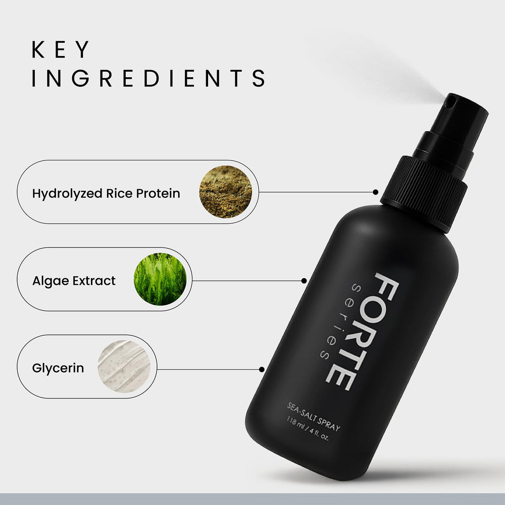 Forte Series sea salt spray ingredients include kelp and rice protein for moisture and vitality.