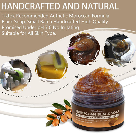 Forvirness Moroccan Black Soap with olive and argan oils for nourishing skin.