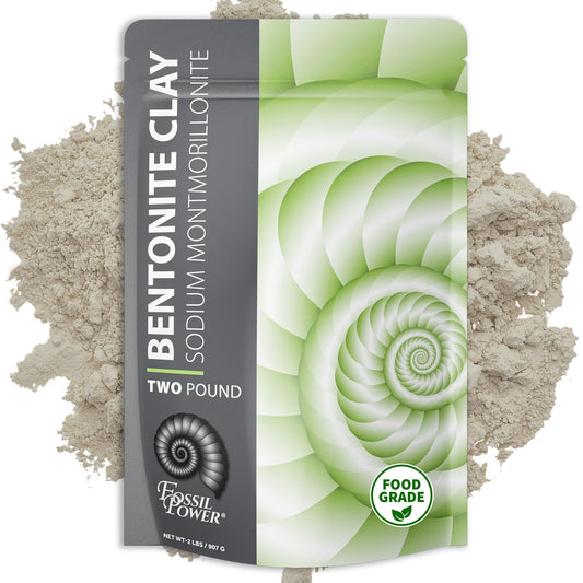 FOSSIL POWER Bentonite clay powder packaging, 2 lb bag, for home routines.
