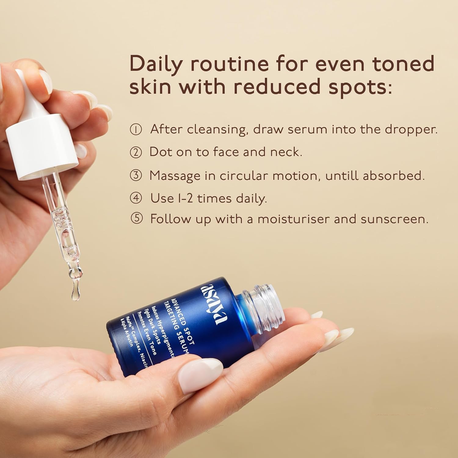 Niacinamide and Alpha Arbutin focus on even skin tone in ASAYAA serum.