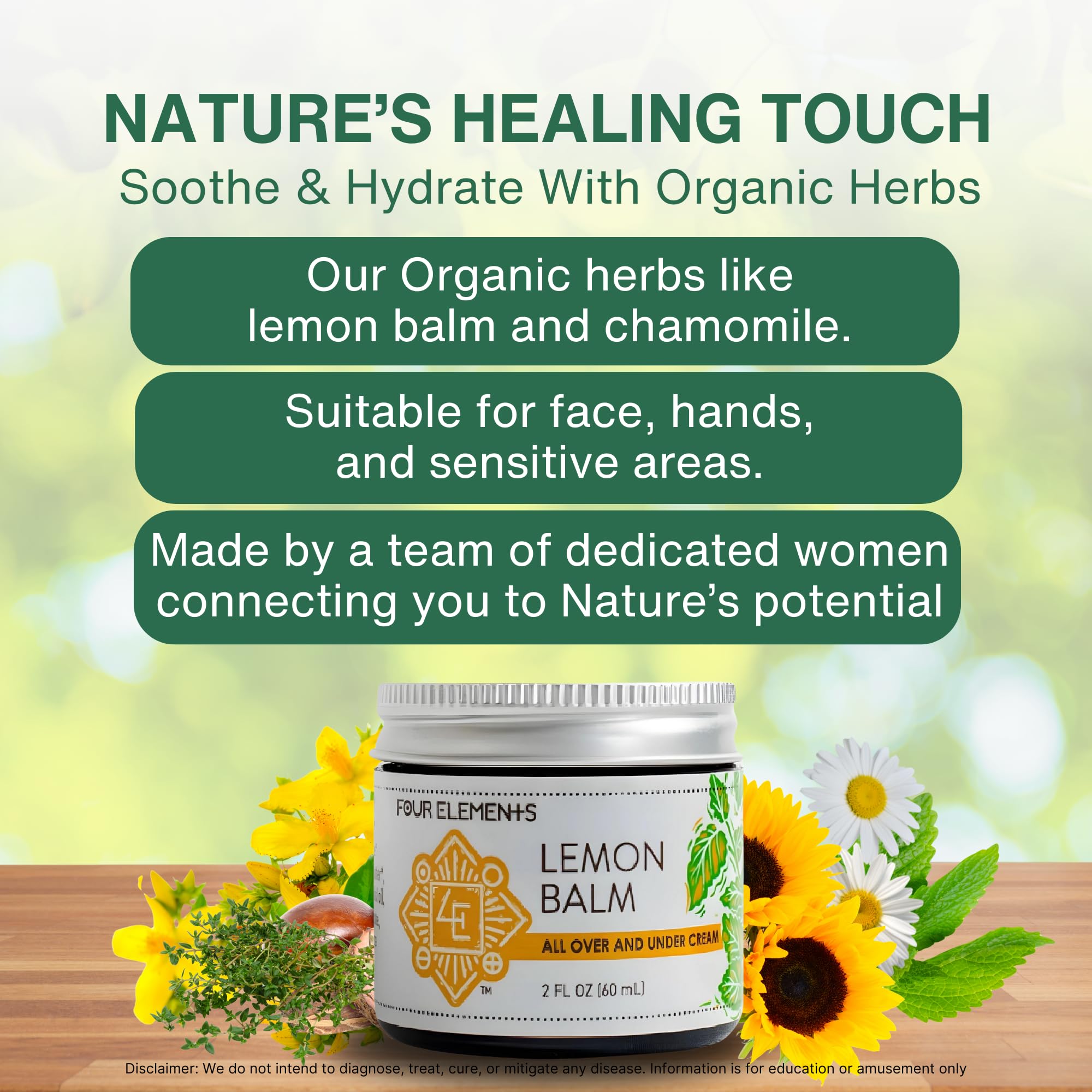 Applying Four Elements Lemon Balm Cream demonstrates easy, even coverage on skin.