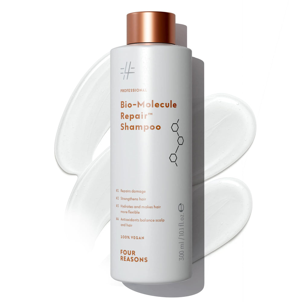 Four Reasons Bio-Molecule Bond Repair Shampoo bottle highlights color-treated hair moisture restoration.
