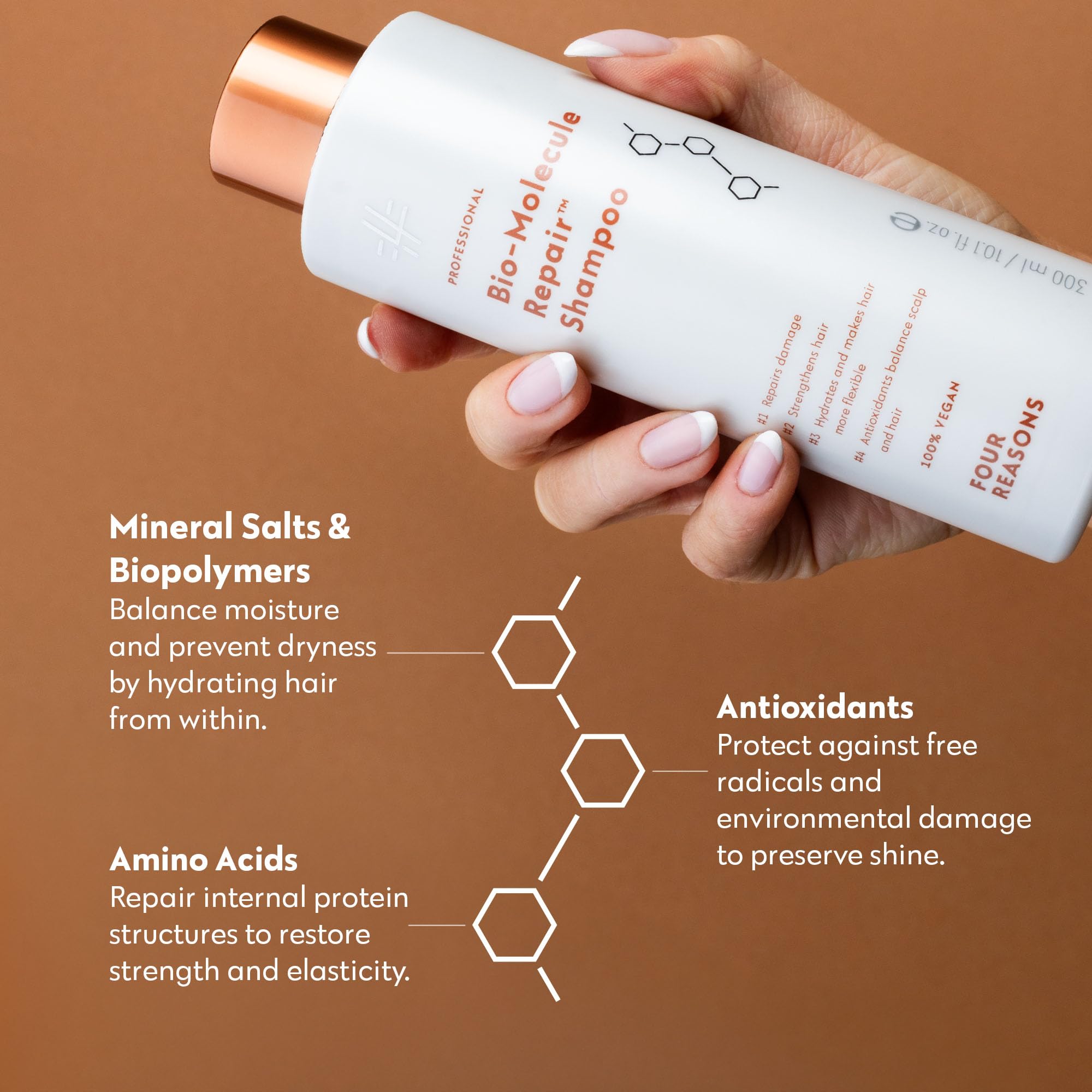 Four Reasons Bio-Molecule Bond Repair Shampoo color-treated hair image stresses moisture balance and shine.