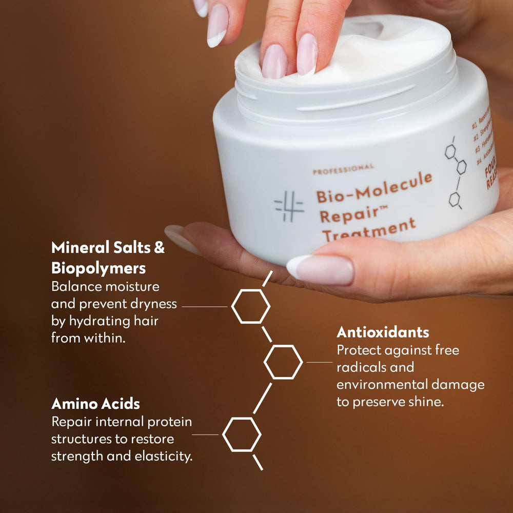 Hands applying FOUR REASONS Bio-Molecule Repair Hair Mask for easy distribution