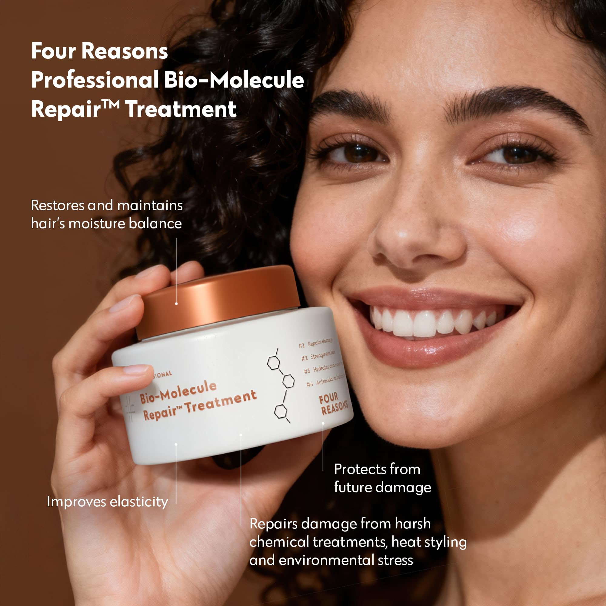 Closeup of FOUR REASONS Bio-Molecule Repair Hair Mask jar highlighting rich conditioning cream