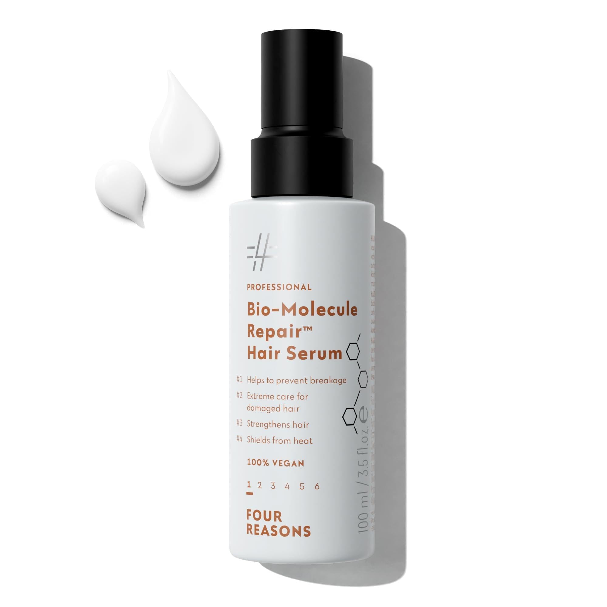 Four Reasons Bio-Molecule Repair Serum bottle close-up highlighting bond repair and hydration.