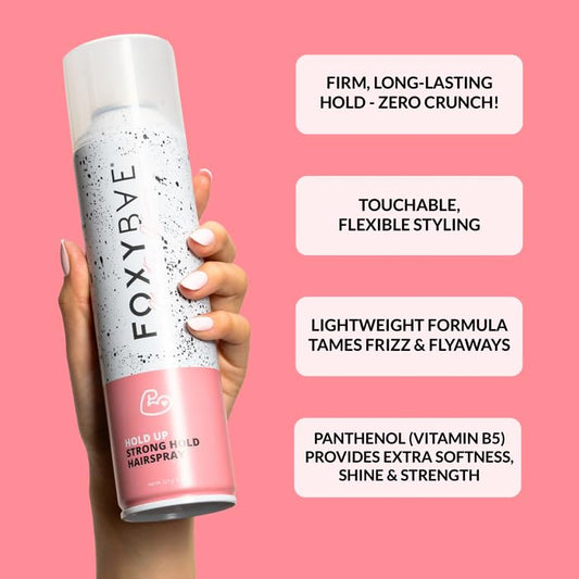 FoxyBae Hair Spray spray-action image highlighting easy application and flexible hold.
