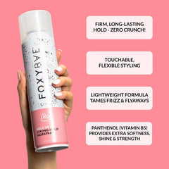 FoxyBae Hair Spray spray-action image highlighting easy application and flexible hold.
