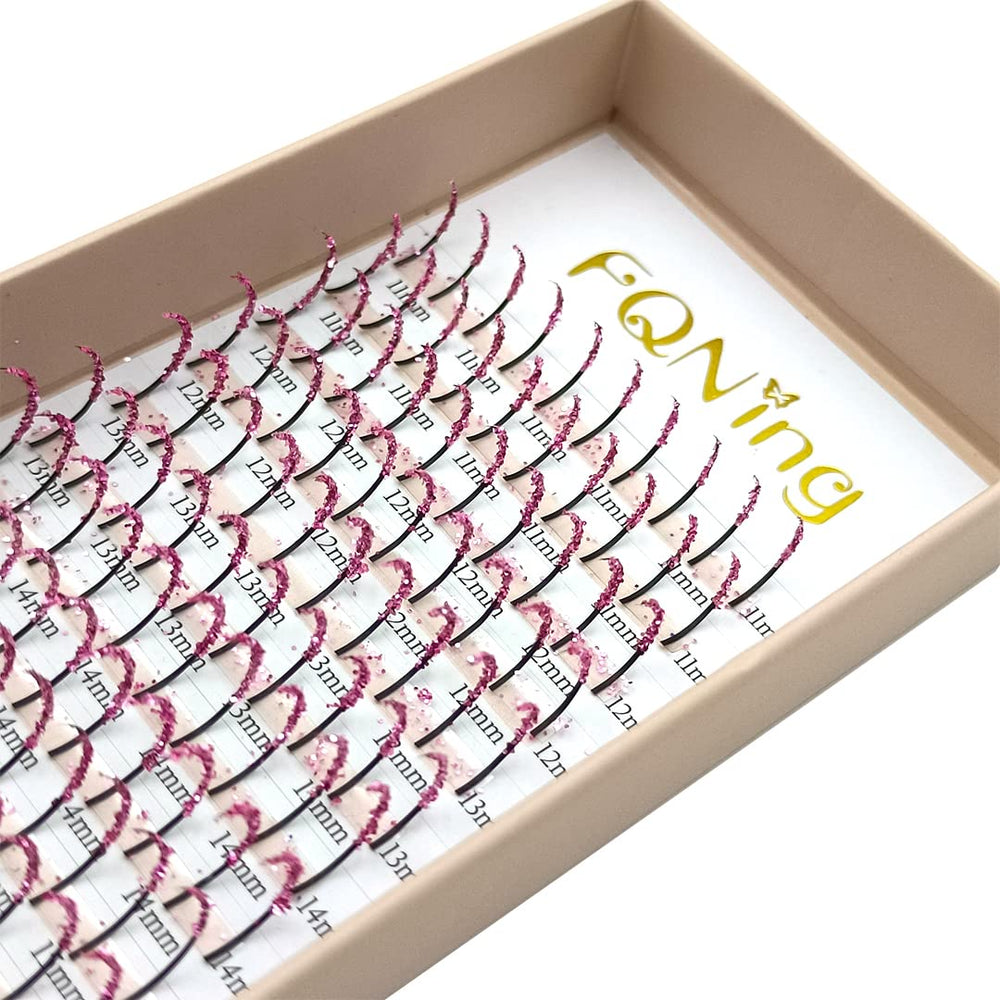 FQNing pink glitter lash spike detail highlighting 0.20D thickness