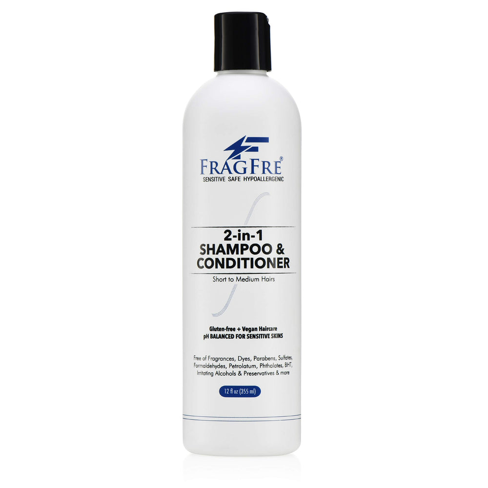 Fragfre 2 in 1 shampoo and conditioner bottle front, fragrance-free wash-and-go solution.