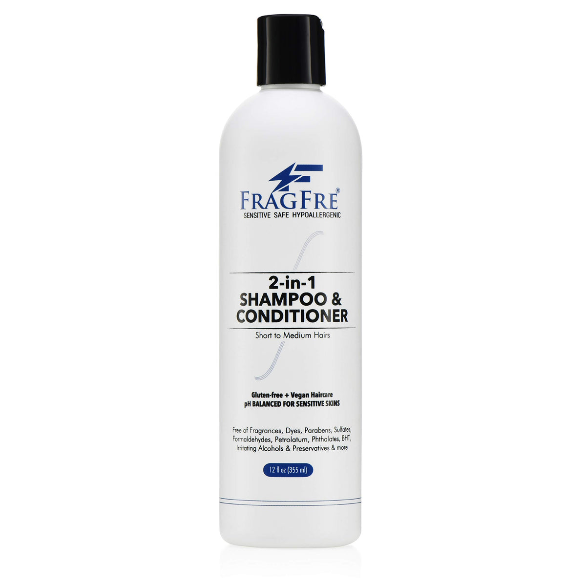 Fragfre 2 in 1 shampoo and conditioner bottle front, fragrance-free wash-and-go solution.