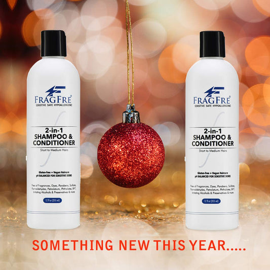 Fragfre 2 in 1 bottle label close-up, color-safe and sulfate-free formula.