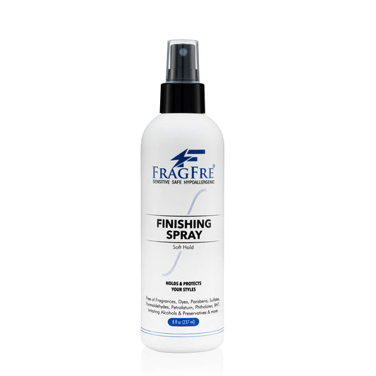 FRAGFRE Hair Finishing Spray bottle demonstrates fragrance-free, flexible hold.