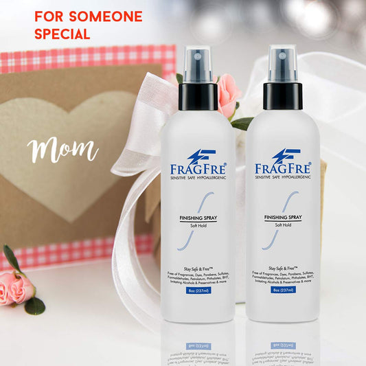 FRAGFRE spray application shot shows quick-dry formula for fast styling.