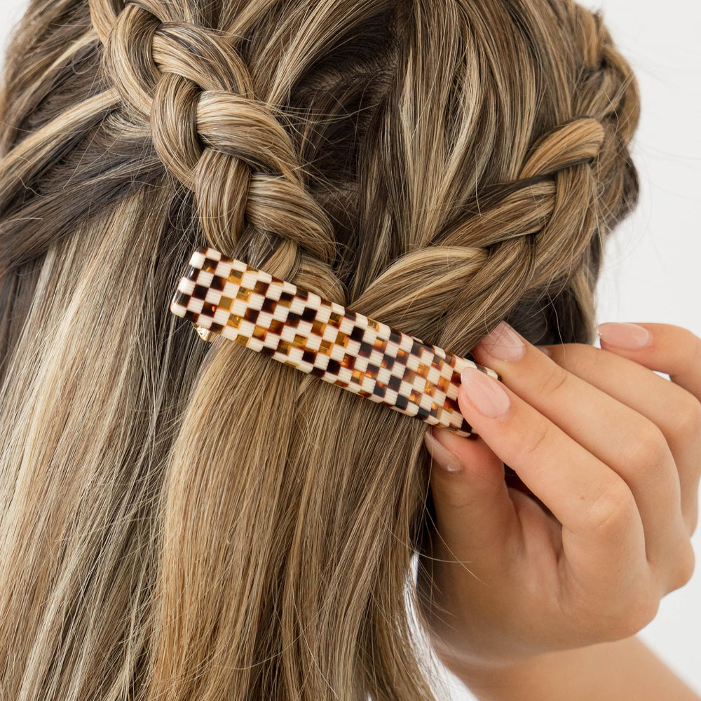 France Luxe checkered barrette front view with rectangle silhouette.