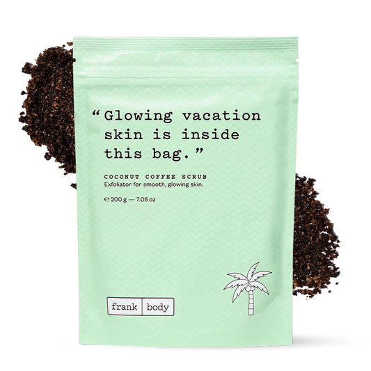 Frank Body Coconut Coffee Scrub bottle on a bathroom shelf, highlighting exfoliation and hydration.