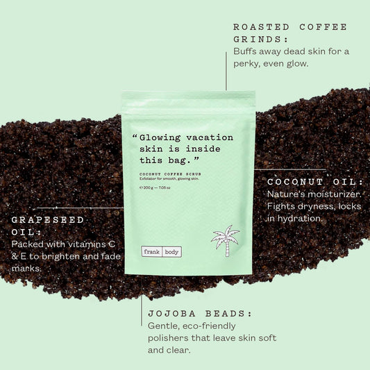 Close-up of Frank Body Coconut Coffee Scrub texture showing coffee grinds and jojoba beads.