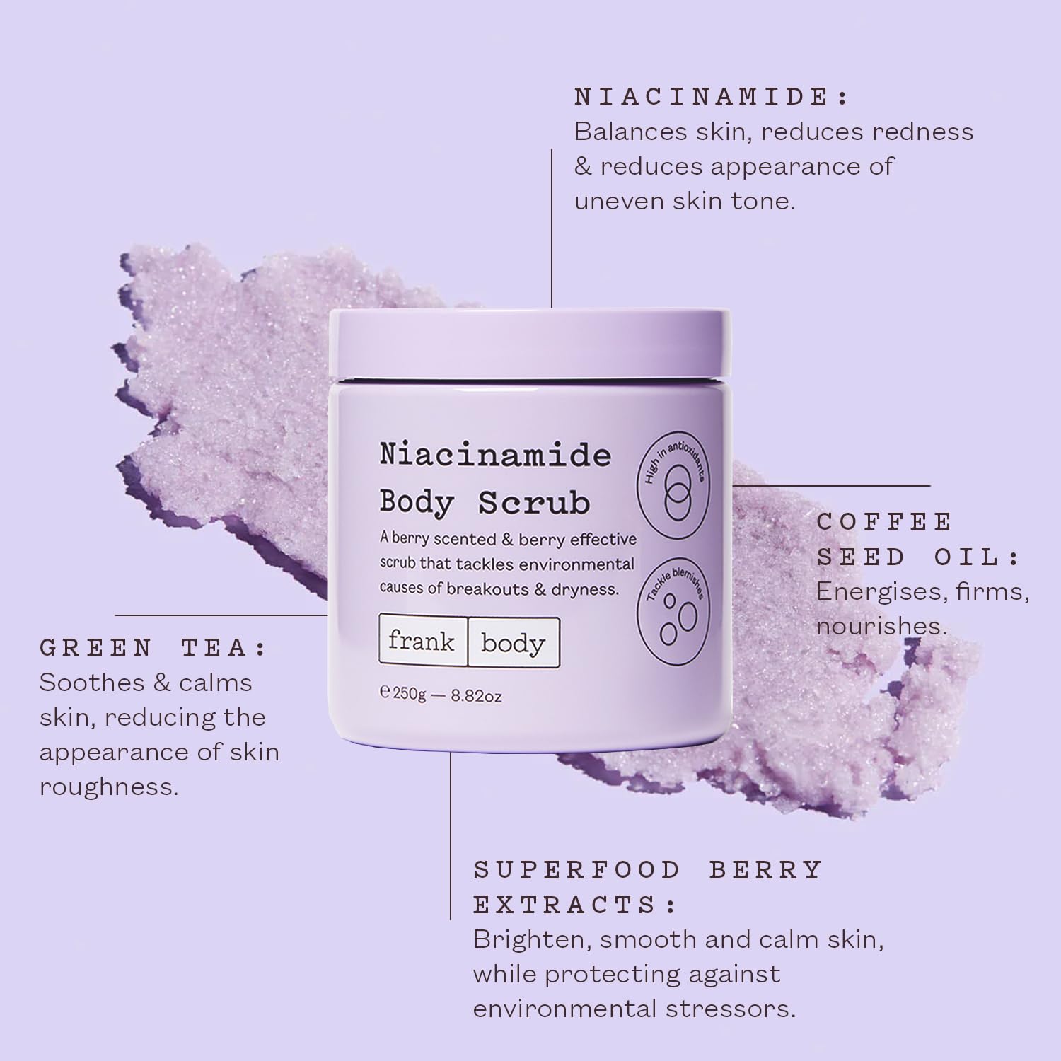 frank body Niacinamide Body Scrub with green tea calms irritation and refines pores