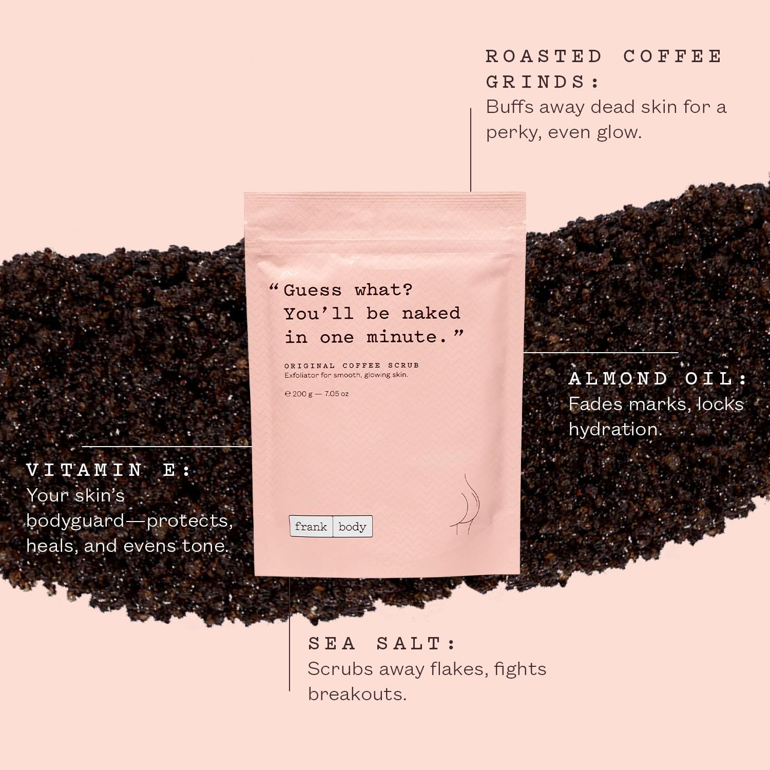 Close-up of Frank Body Original Coffee Scrub jar showing gritty exfoliant texture