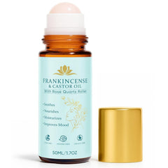Frankincense and Castor Oil Roll-On with Rose Quartz bottle for portable, hydrating skincare.