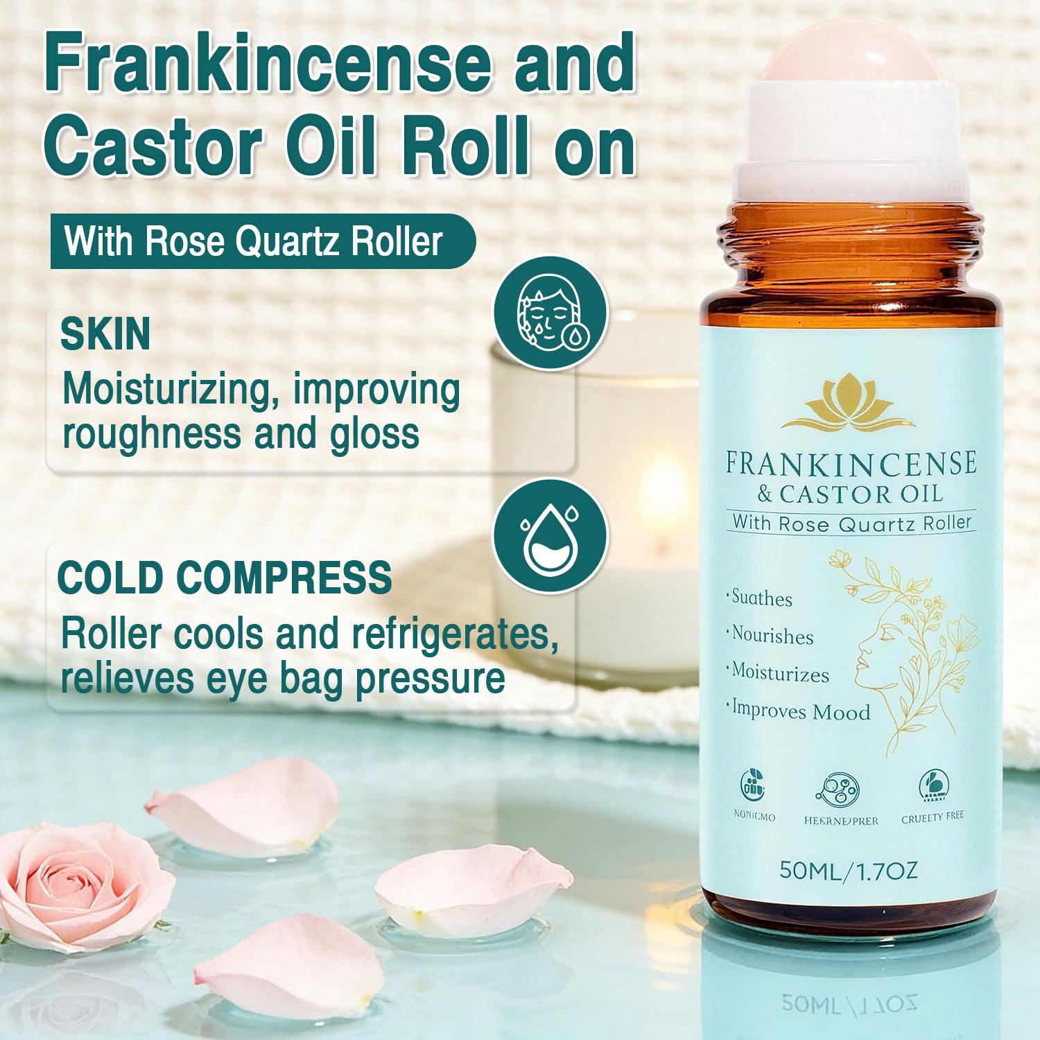 Frankincense and Castor Oil Roll-On roller provides soothing facial application with rose quartz massage.