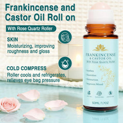 Frankincense and Castor Oil Roll-On roller provides soothing facial application with rose quartz massage.