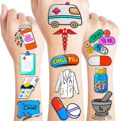 Frawharmone Pharmacy Tattoos pack featuring playful icons for party favors and classroom crafts.