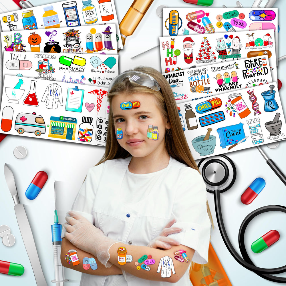 Frawharmone pill bottles tattoos showcase bottle icons ideal for themed celebrations and student projects.