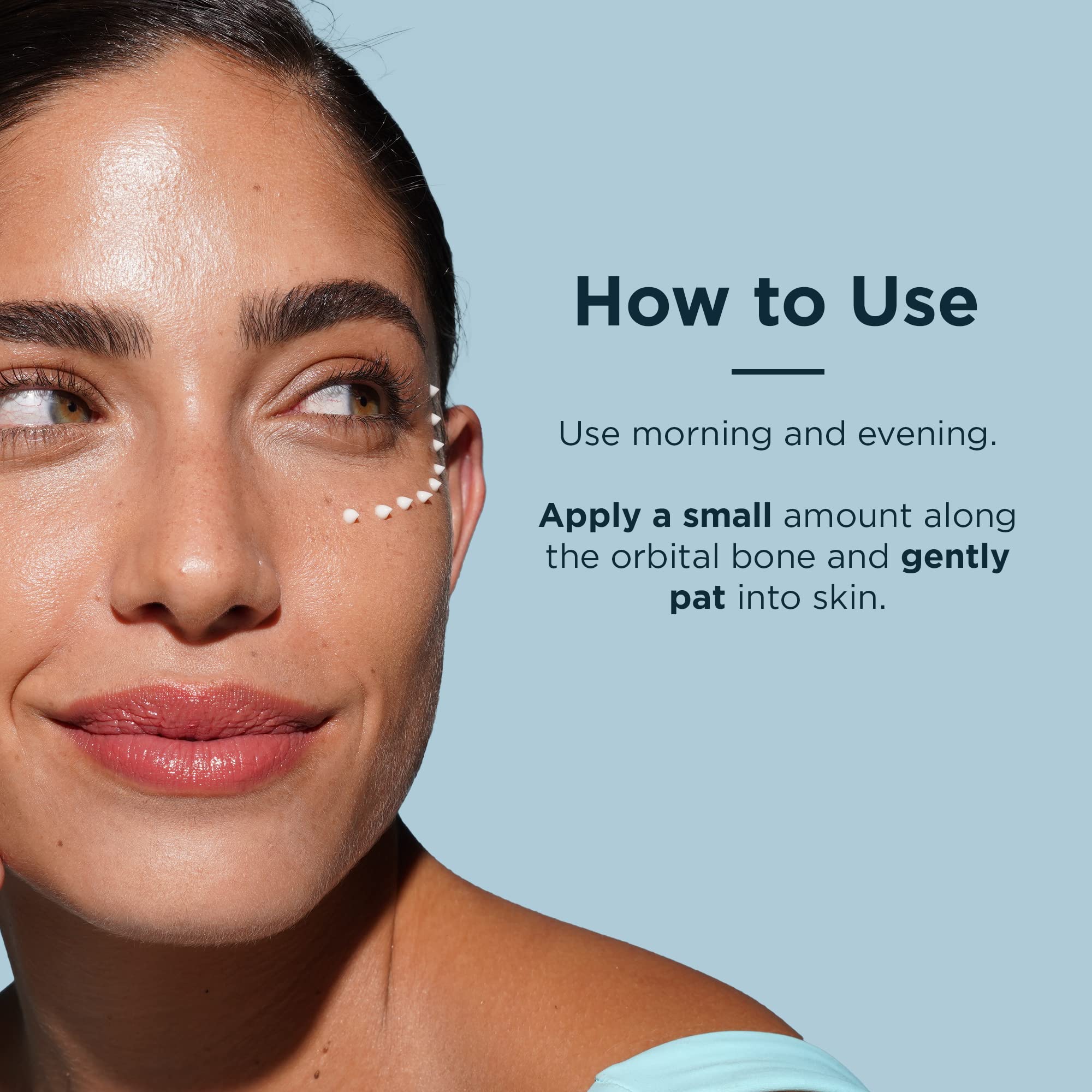 Application close-up demonstrating gentle dab around the eye area for regular use.