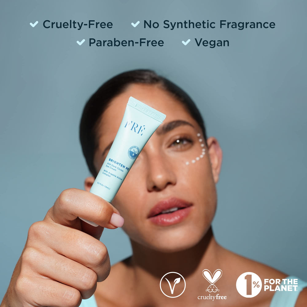 Product packaging with FRÉ branding emphasizes clean vegan paraben-free skincare benefits.