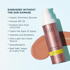 FRÉ Bronze Me SPF 50 shimmering finish on skin, instant golden glow.