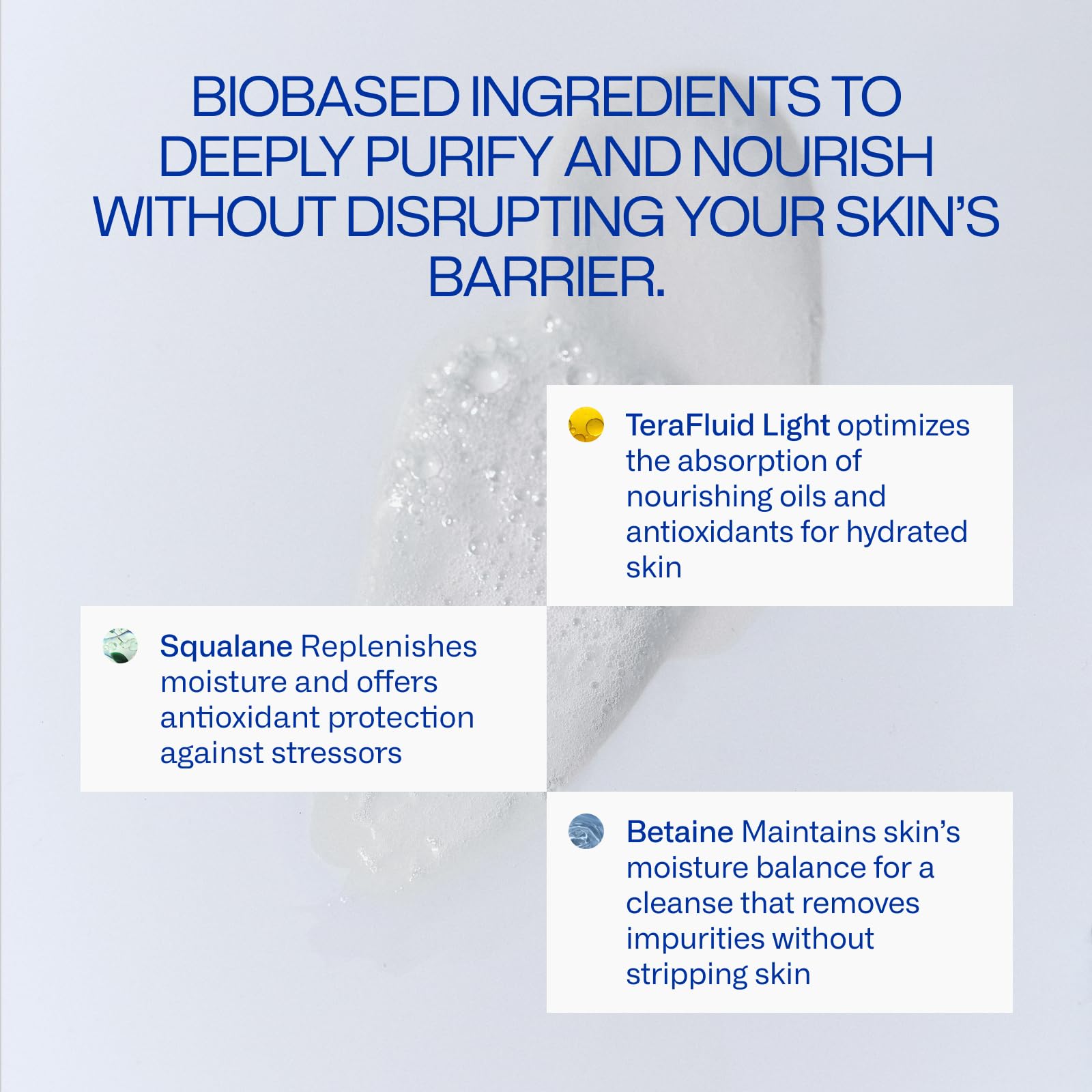 Close-up of Freaks of Nature Barrier Balancing Cleanser prebiotics and oils showing barrier support.
