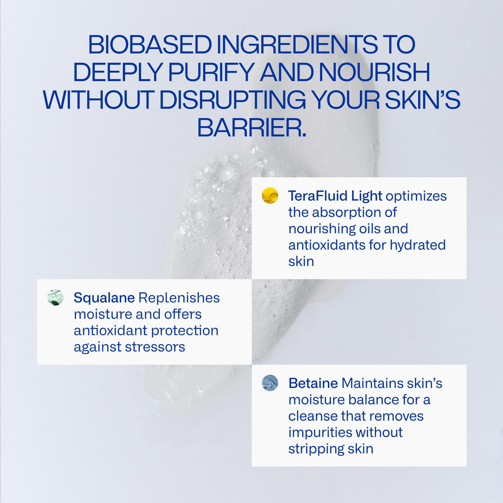 Close-up of Freaks of Nature Barrier Balancing Cleanser prebiotics and oils showing barrier support.