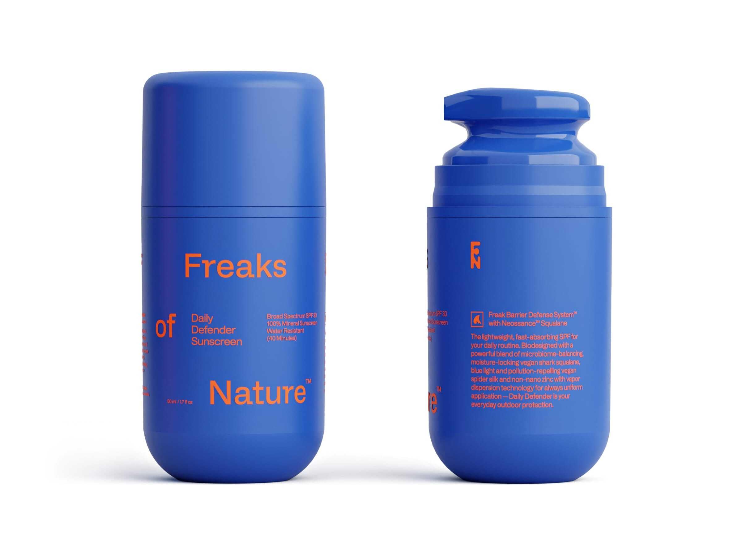 Freaks of Nature Daily Defender SPF 30 bottle, fast-absorbing mineral sunscreen for daily wear.