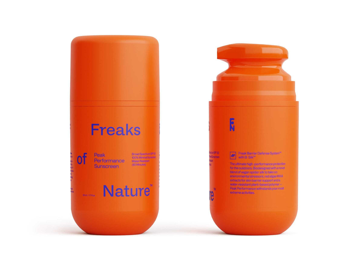 Freaks of Nature Peak Performance SPF 50 packshot highlights lightweight mineral sunscreen for daily protection.