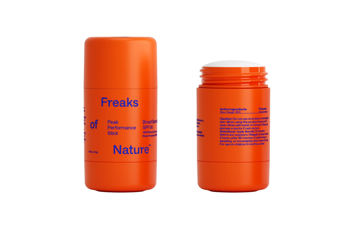Freaks of Nature Peak Performance Sun Stick packaging highlights eco-friendly reef-safe packaging.