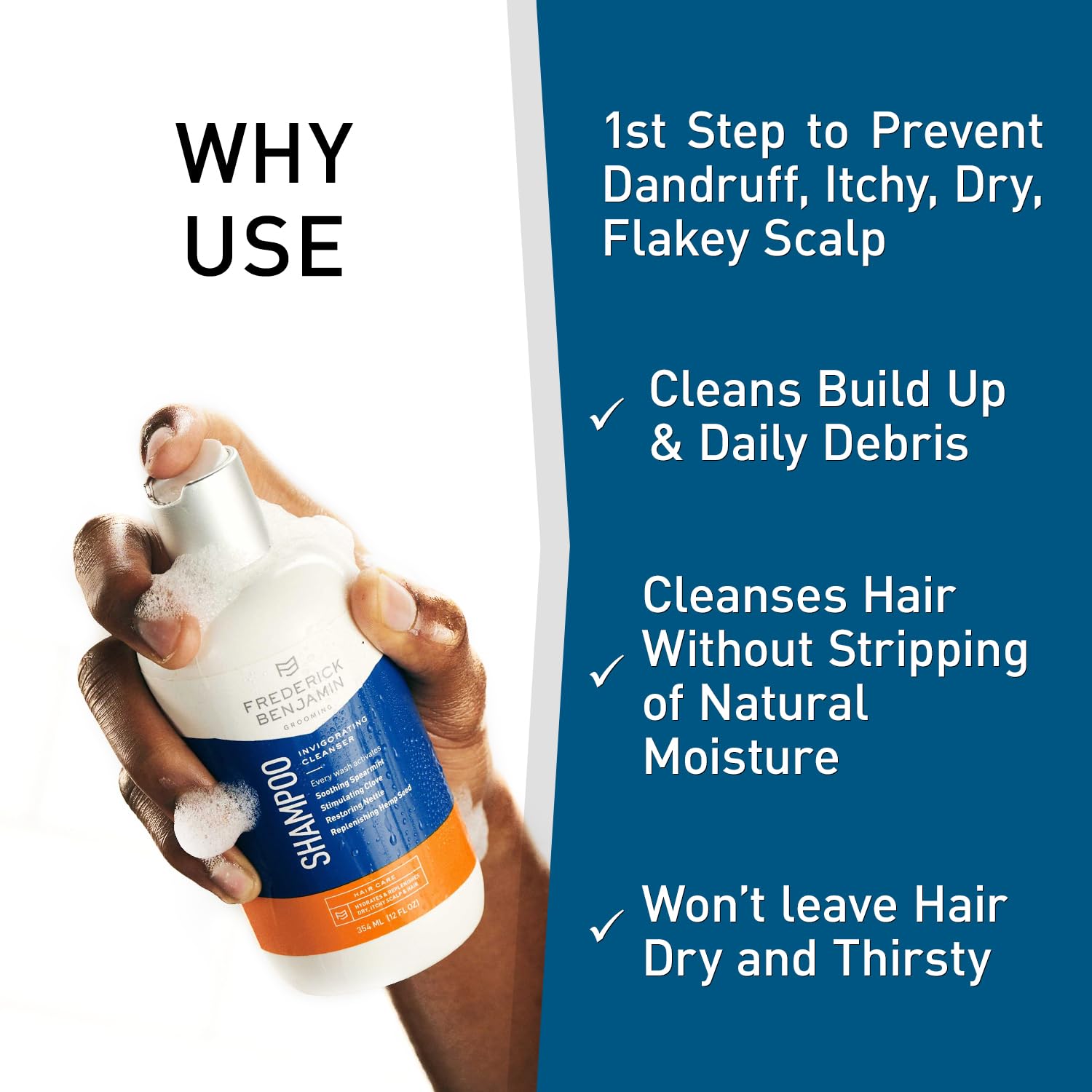 Frederick Benjamin dry scalp care shown on textured hair during cleansing
