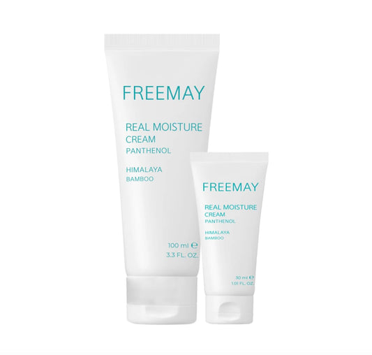 The freemay Real Moisture Cream Set jar provides daily hydration and calming care.