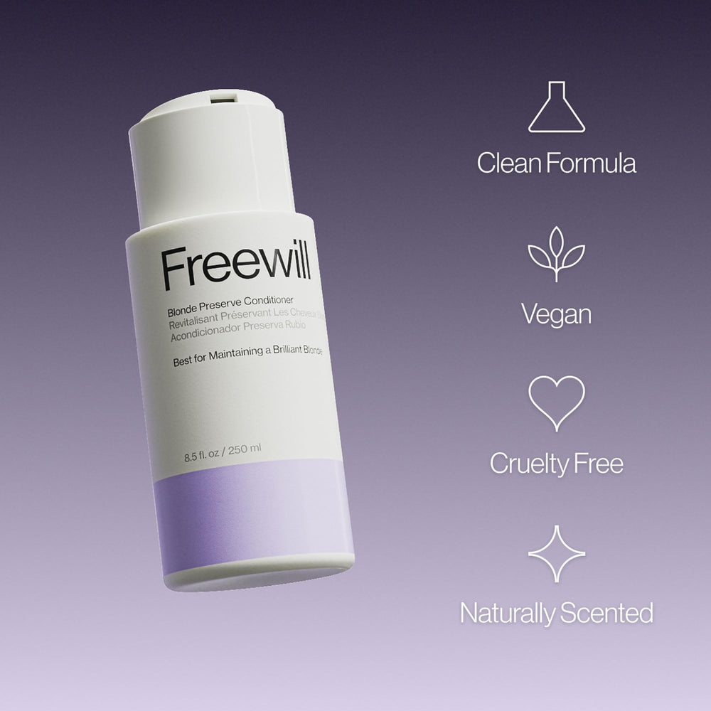 Freewill Blonde Preserve Purple Conditioner jar close-up highlighting violet pigment for cool-tone results