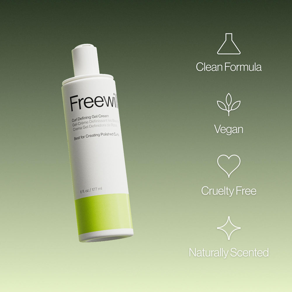 Close-up of Freewill Curl Defining Gel Cream label highlights lightweight formula.